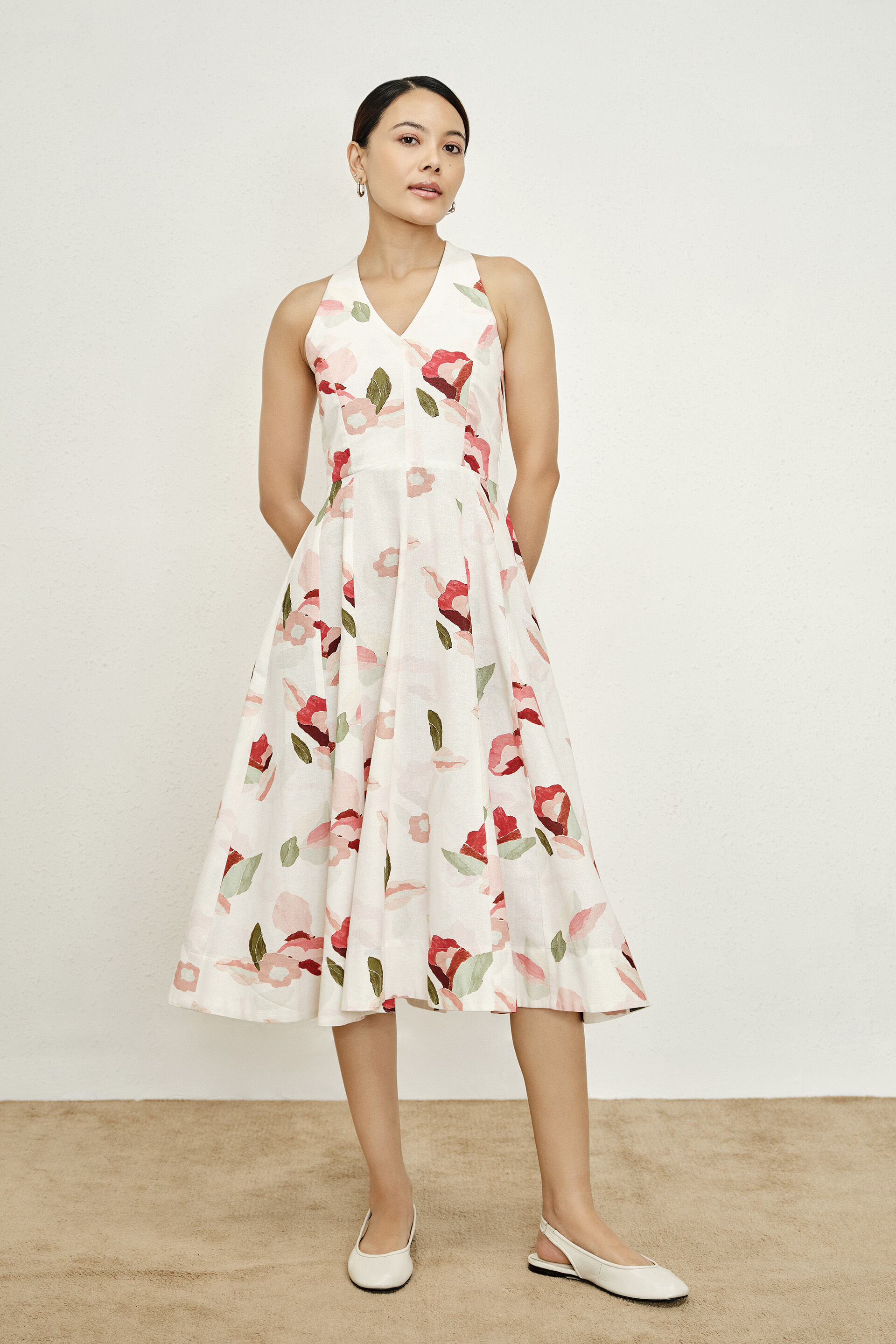 Anira Floral Halter Midi Dress, White, image 1